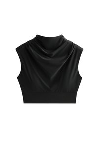 Čierny bezrukávový top s dizajnom s drapovaným chrbtom, vyrobený z hladkej látky s priliehavým pásom, ktorý ponúka moderný siluetu.