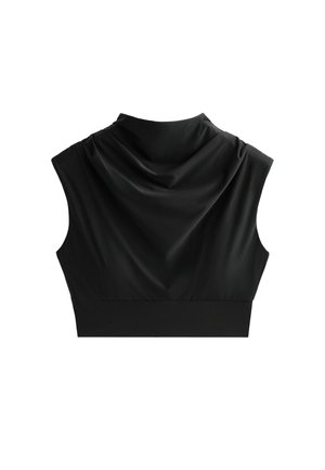 Čierny bezrukávový top s dizajnom s drapovaným chrbtom, vyrobený z hladkej látky s priliehavým pásom, ktorý ponúka moderný siluetu.