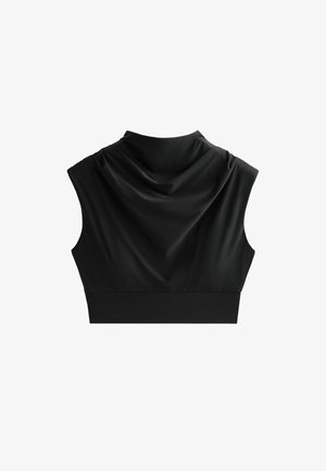 Czarny bezrękawnik z unikalnym krojem tyłu, wykonany z gładkiego materiału z dopasowaną talią, oferujący nowoczesną sylwetkę.