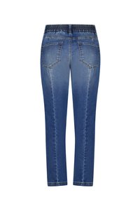 Jean en denim de couleur bleu délavé, avec une taille extensible, cinq poches et une coupe droite avec une texture lisse.