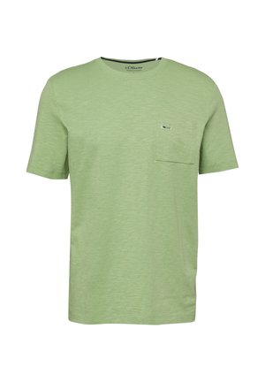 Light green short-sleeve T-shirt with crew neck and small chest pocket featuring a subtle brand tag.