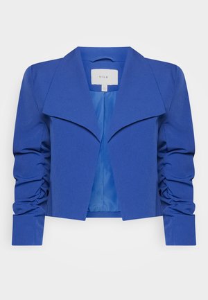 Kort royalblå blazer med brede revers og rynkede lange ærmer, med VILA-mærke inde i kraven.