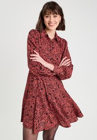 Robe à motifs rouges avec des motifs floraux, manches longues, col boutonné et jupe évasée. Fabriquée en tissu léger.