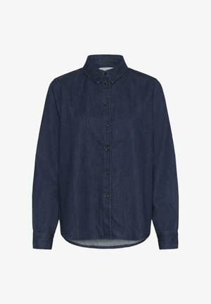 Tumedat sinised denimpusa, pika varrukaga, nööbid ees, klassikaline kaelus, kumer äär, pehme tekstuur, ei ole nähtavaid mustreid ega logosid.
