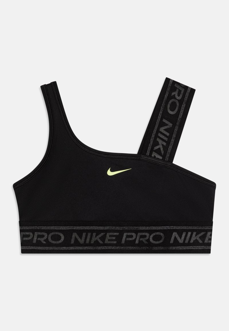 Black sports bra with one shoulder strap, featuring a contrasting yellow Nike logo and a textured black band with "PRO NIKE" printed.
