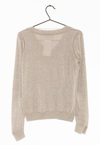 Jasno beżowy sweter z metalicznym połyskiem. Okrągły dekolt, długie rękawy i subtelna przezroczysta wstawka z tyłu. Miękka dzianina.