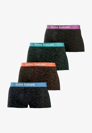 Schwarze Boxershorts mit einem blauen Wellenmuster, ausgestattet mit einem blauen Bund, auf dem in Weiß "bruno banani" steht. Aus weichem Stoff gefertigt.