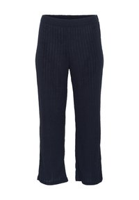 Pantalones de punto acanalado en color marino con una cintura ancha, que presentan un corte relajado y aberturas en los laterales del dobladillo para facilitar el movimiento.