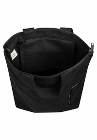 Schwarze Leinen-Tasche mit Reißverschluss, doppelten Tragegriffen und einer seitlichen Reißverschlusstasche. Glatte Textur und geräumiges Innenleben für die Aufbewahrung.