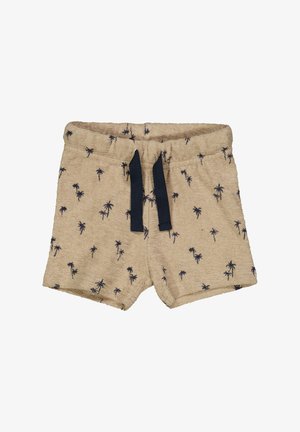 Beige Shorts mit einem Palme-Muster in Dunkelblau, elastischem Bund mit Kordelzug und weichem, strukturiertem Stoff.