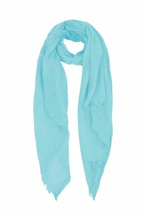 Hellblauer, weich strukturierter Schal mit dezenten diagonalen Streifen und leicht ausgefransten Rändern, zu einem einfachen Knoten gelegt.