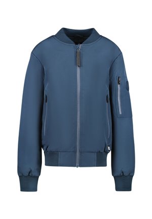 Marineblauwe bomberjack van gladde stof, voorzien van een frontrits, ribgebreide manchetten en zoom, en met ritssluiting aan de zijkanten en armen.
