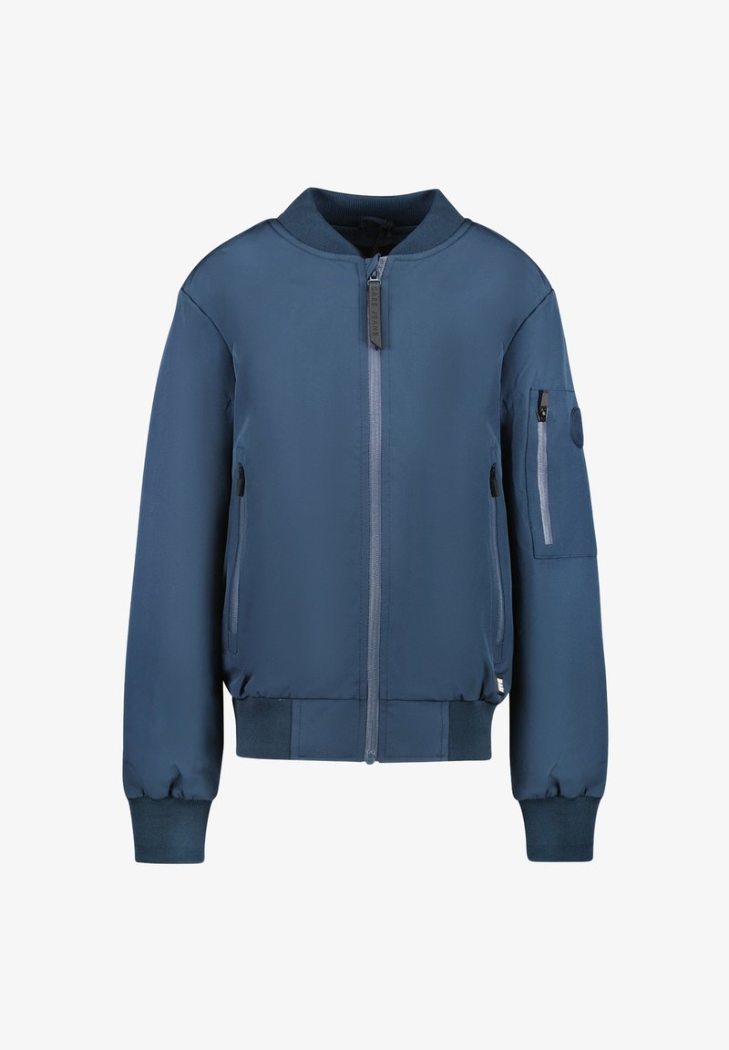 Marineblauwe bomberjack van gladde stof, voorzien van een frontrits, ribgebreide manchetten en zoom, en met ritssluiting aan de zijkanten en armen.
