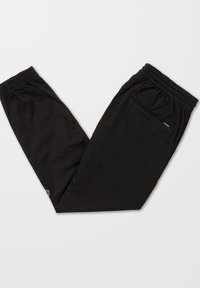 Pantalones de chándal negros hechos de tela suave, con una cinturilla elástica y un bolsillo con cremallera en la parte posterior. Diseño simple y funcional.
