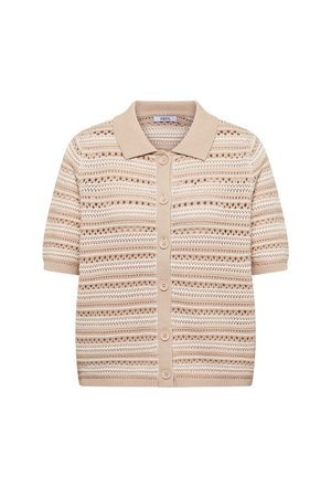 Beige kortemouwen gebreid vest met knoopsluiting aan de voorkant, kraag en horizontaal opengewerkt streeppatroon.