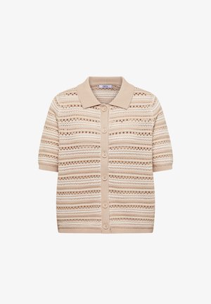 Béžový krátký pletený cardigan s knoflíkovou přední částí, límečkem a horizontálním vzorem průsvitných pruhů.