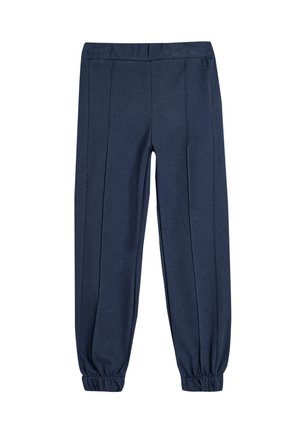 Navyblauwe, taps toelopende broeken gemaakt van zachte stof met een elastische tailleband en manchetten, met dubbele frontplooien voor een extra ontwerpelement.