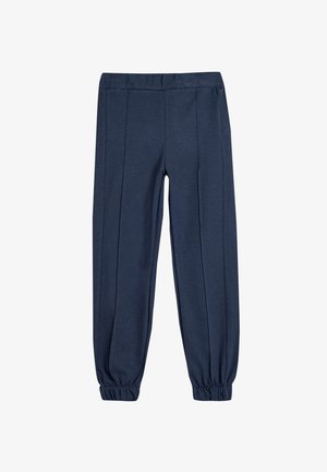 Pantalones tapered de color azul marino, confeccionados en una tela suave con cintura y puños elásticos, que presentan dos pliegues frontales para un detalle de diseño adicional.
