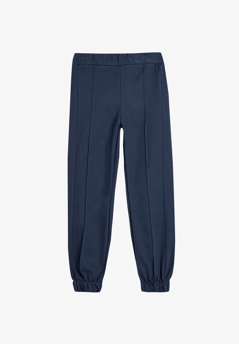 Pantalons bleu marine, fuselés, en tissu doux avec une taille et des poignets élastiques, dotés de deux plis avant pour un détail de design supplémentaire.