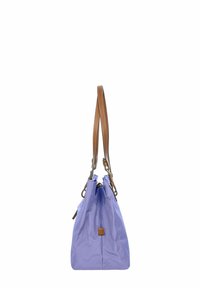 Borsa a tracolla in nylon viola con chiusura a coulisse, manici in pelle marrone e una texture liscia. Forma compatta e trapezoidale con sottili dettagli in metallo.