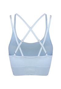 Jasnoniebieski stanik sportowy z ryflowaną teksturą, krzyżującymi się ramiączkami na plecach, regulowanymi elementami oraz bezszwowym, dopasowanym krojem.