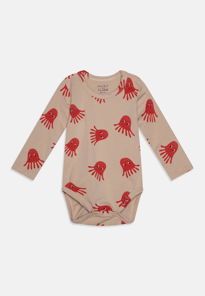 Long-sleeve beige bodysuit with repeated red octopus motifs. Made of soft fabric with a round neckline and snap closures at the bottom.