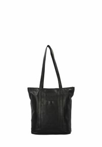 Borsa tote in pelle nera con due manici lunghi, forma rettangolare, texture liscia e tasca anteriore. Design semplice con minimi dettagli.