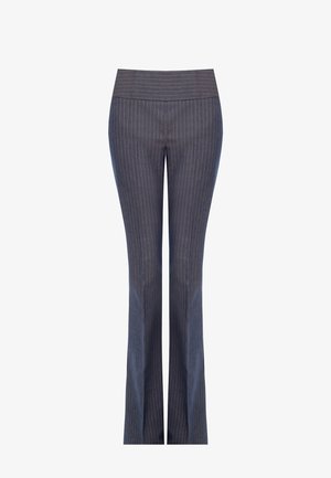 Pantalon à rayures bleu marine avec une large ceinture et des jambes évasées, présenté sur un fond blanc.