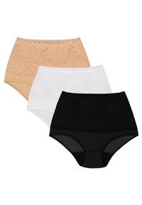 Högmidjade trosor i nude, vitt och svart. Har en blommig spetsdesign upptill med mjuk, stretchig tyg under.