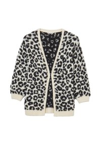 Cardigan a stampa leopardata in crema con macchie nere. Tessuto morbido e testurizzato, apertura frontale e polsini a costine. Maniche lunghe con vestibilità rilassata.