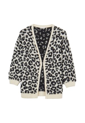 Cardigan en imprimé léopard en crème avec des taches noires. Tissu doux et texturé, ouverture devant, et poignets côtelés. Manches longues avec une coupe décontractée.