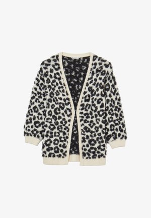 Cardigan en imprimé léopard en crème avec des taches noires. Tissu doux et texturé, ouverture devant, et poignets côtelés. Manches longues avec une coupe décontractée.