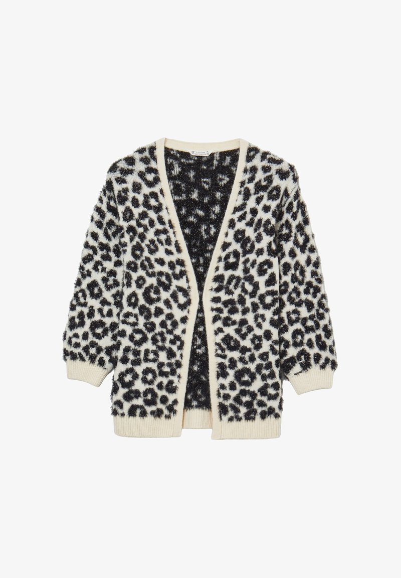 Cardigan a stampa leopardata in crema con macchie nere. Tessuto morbido e testurizzato, apertura frontale e polsini a costine. Maniche lunghe con vestibilità rilassata.