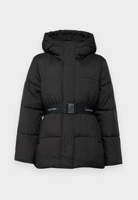 Black puffer jacket with a hood, featuring a belted waist, quilted design, and front pockets. Soft texture and solid color throughout.