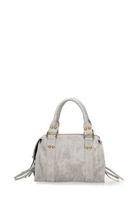 Borsa a tracolla grigia in finta pelle con chiusura a zip, doppi manici corti, dettagli in metallo dorato e frange laterali. Forma rettangolare compatta.