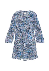 Bloemen jurk met een mix van blauwe, groene en paarse kleuren. Gemaakt van lichtgewicht stof met lange mouwen en knoopdetails.