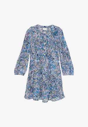 Kwiatowa sukienka w odcieniach niebieskiego, zielonego i purpurowego. Wykonana z lekkiej tkaniny, z długimi rękawami i detalami guzików.