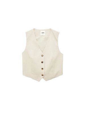 Beige väritön liivi, V-aukolla ja neljällä ruskealla napilla edessä, räätälöity istuvuus, esillä valkoisella taustalla.