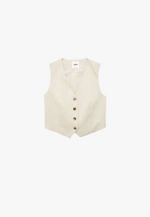 Beige väritön liivi, V-aukolla ja neljällä ruskealla napilla edessä, räätälöity istuvuus, esillä valkoisella taustalla.