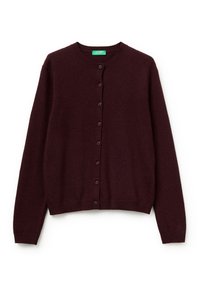 Burgunderfarbener Cardigan aus weichem Stoff mit rundem Hals, vorderer Knopfsch closure und gerippten Bündchen. Glatte Textur, lange Ärmel.