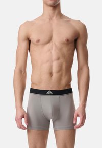 Sive boksarice z črnim elastičnim pasom, na katerem je logo Adidas. Tkanina je gladka in se dobro prilega telesu, dolžina pa je do sredine stegen.