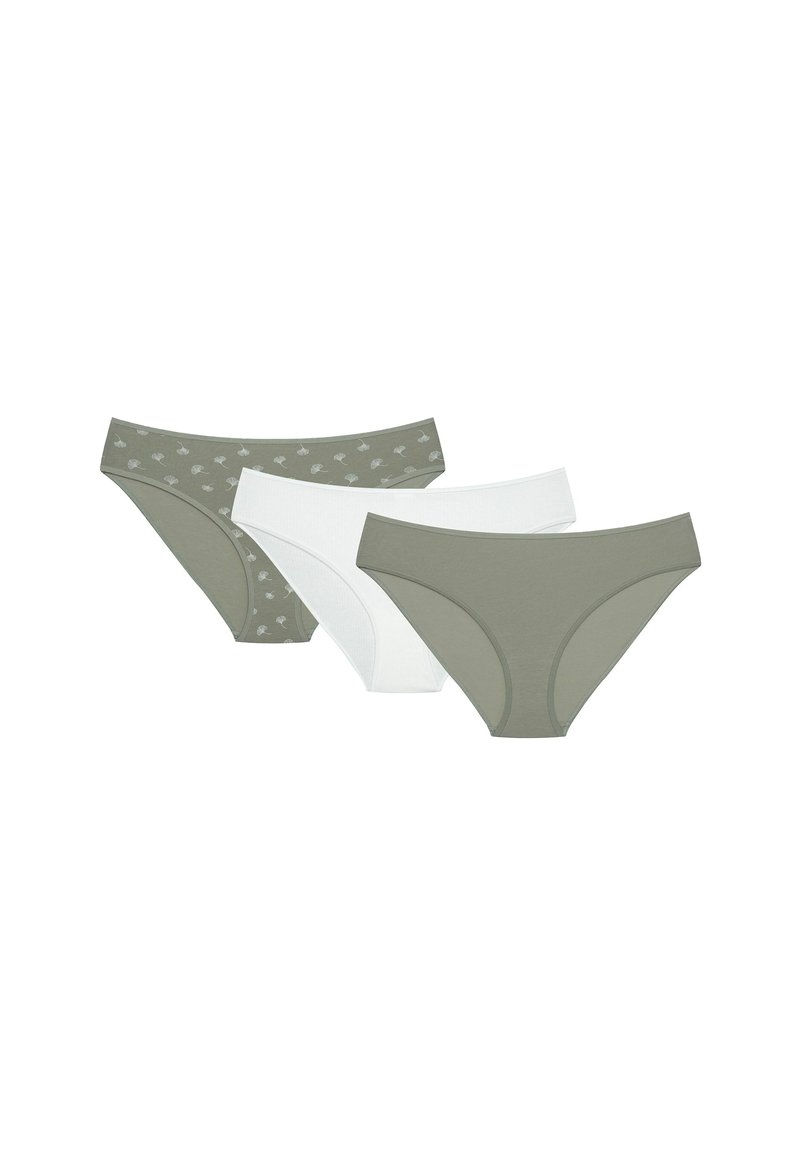 Drei Damen-Bikinischnitte in hellgrün, weiß und hellgrün mit einem Blattmuster, die überlappend auf einem weißen Hintergrund angeordnet sind.