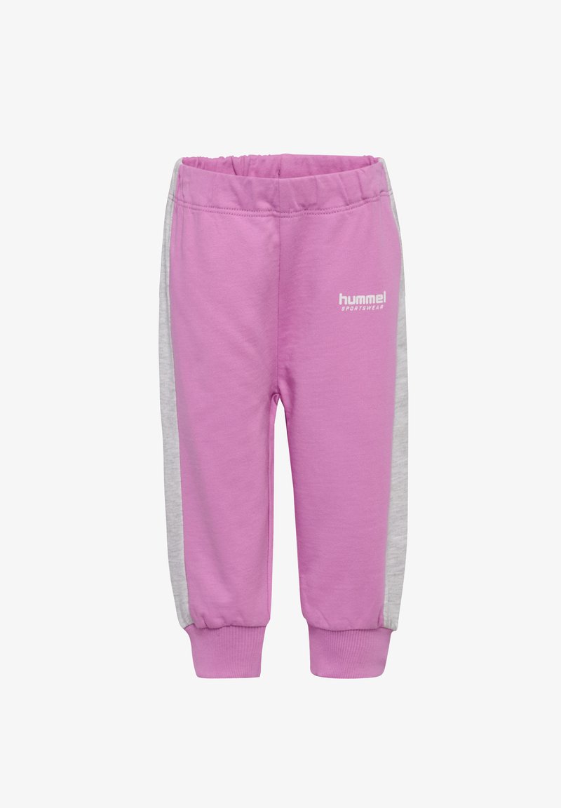 Rosa Jogginghose mit grauen Seitenpaneelen, elastischem Bund und gerippten Bündchen. Mit dem weißen "hummel SPORTSWEAR" Logo. Weicher Stoff.