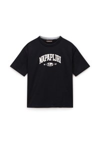 Juodas medvilninis marškinėliai trumpomis rankovėmis su balta "NAPAPIJRI" logotipu ir pasaulio grafika, su apvaliu iškirpimu.