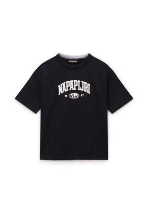 Schwarzes Baumwoll-T-Shirt mit einem weißen "NAPAPIJRI"-Logo und Globusgrafik, mit kurzen Ärmeln und Rundhalsausschnitt.