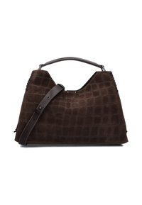 Borsa a tracolla in suede marrone con un motivo testurizzato a coccodrillo. Presenta un manico superiore curvo e una tracolla rimovibile con dettagli di cucitura.