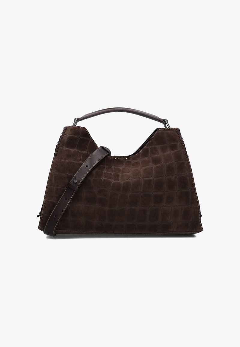 Borsa a tracolla in suede marrone con un motivo testurizzato a coccodrillo. Presenta un manico superiore curvo e una tracolla rimovibile con dettagli di cucitura.