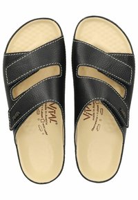 Sorte sandaler med to justerbare stropper, lavet af struktureret læder. Lys beige fodseng med mønstret overflade for komfort.