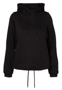 Sudadera con capucha negra hecha de tejido suave, con cordón, puños acanalados y un ajuste relajado con un dobladillo crop.