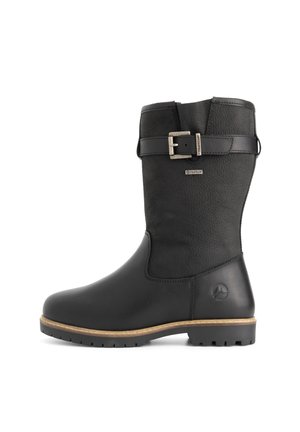 Botte en cuir noir mi-mollet avec tige texturée, sangle à boucle réglable sur le côté, semelle cousue et semelle extérieure en caoutchouc à motifs.
